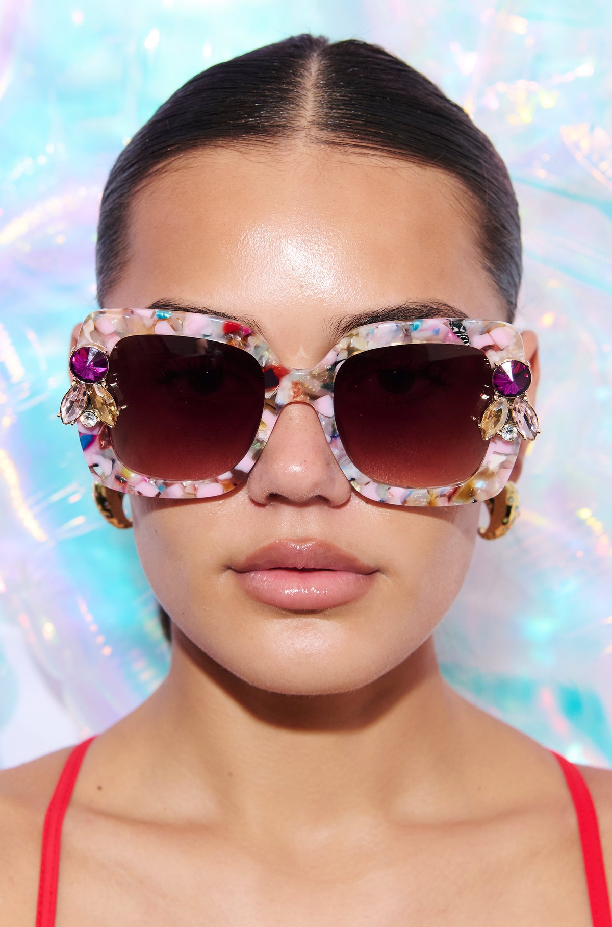 FUNFETTI ~ Oversized rounded square sunglasses in a multicoloured acetate with statement pink and honey crystals