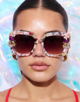 FUNFETTI ~ Oversized rounded square sunglasses in a multicoloured acetate with statement pink and honey crystals