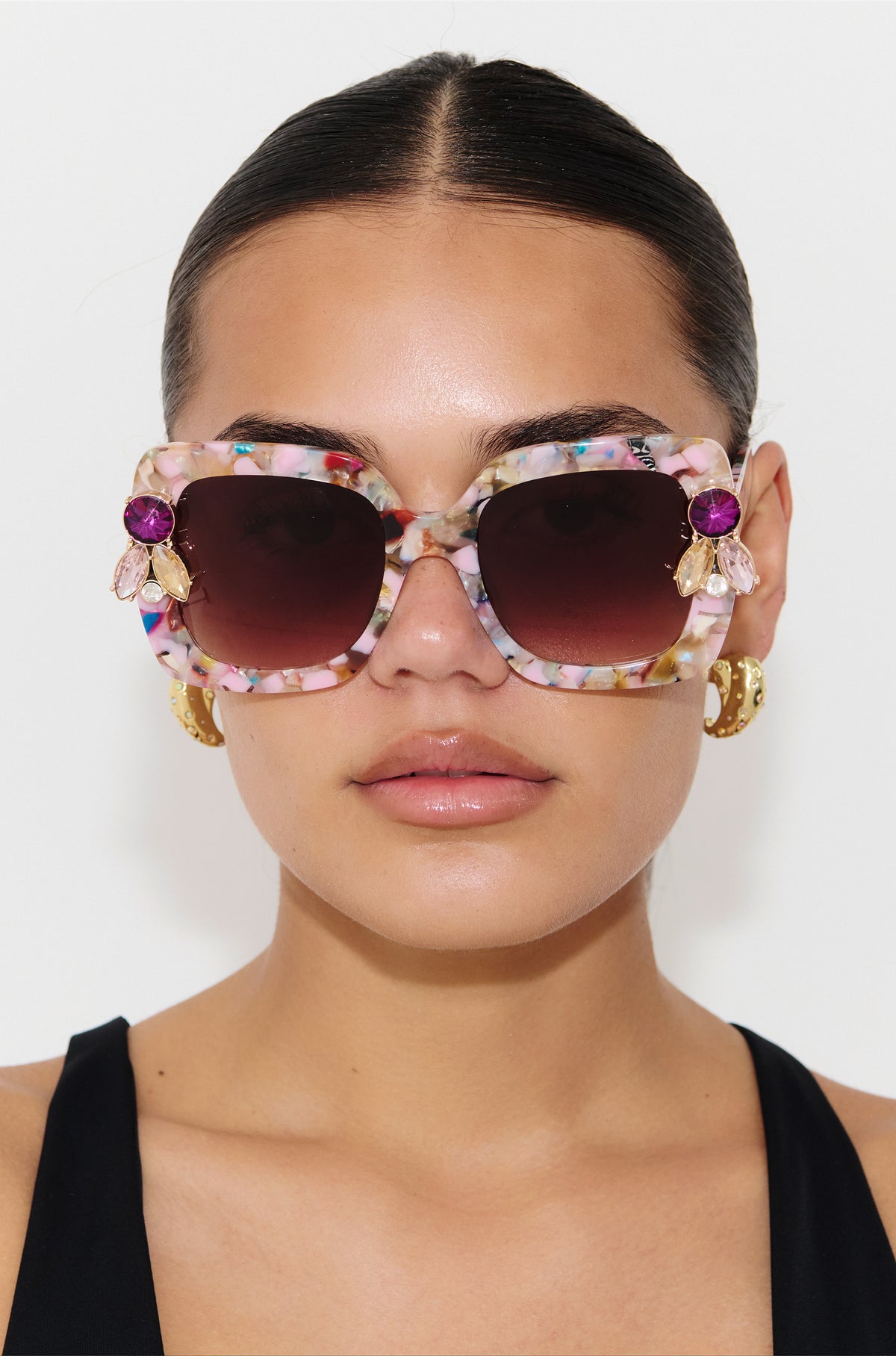 FUNFETTI ~ Oversized rounded square sunglasses in a multicoloured acetate with statement pink and honey crystals