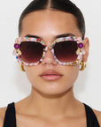 FUNFETTI ~ Oversized rounded square sunglasses in a multicoloured acetate with statement pink and honey crystals