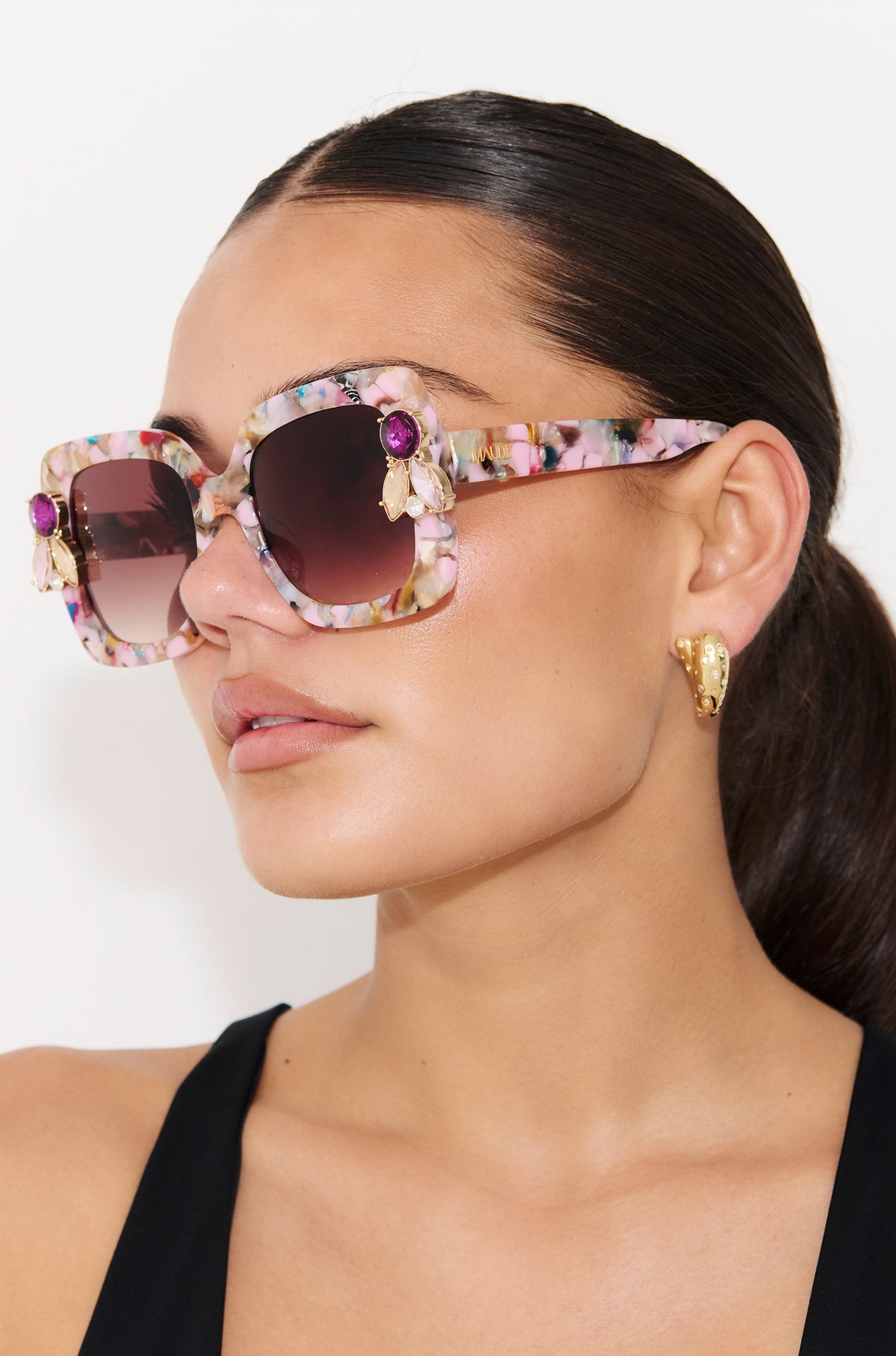 FUNFETTI ~ Oversized rounded square sunglasses in a multicoloured acetate with statement pink and honey crystals