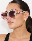 FUNFETTI ~ Oversized rounded square sunglasses in a multicoloured acetate with statement pink and honey crystals