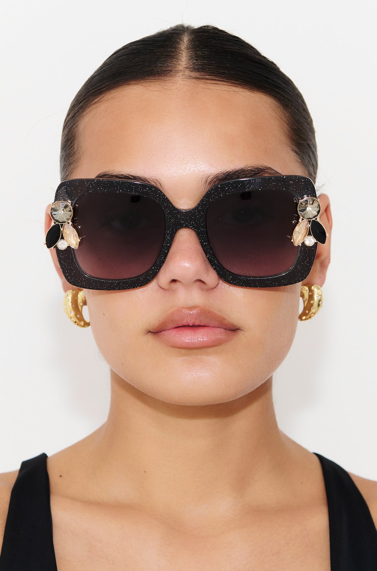 LIQUORICH ~ Oversized rounded square sunglasses in luminous black glitter acetate with crystal embellishments