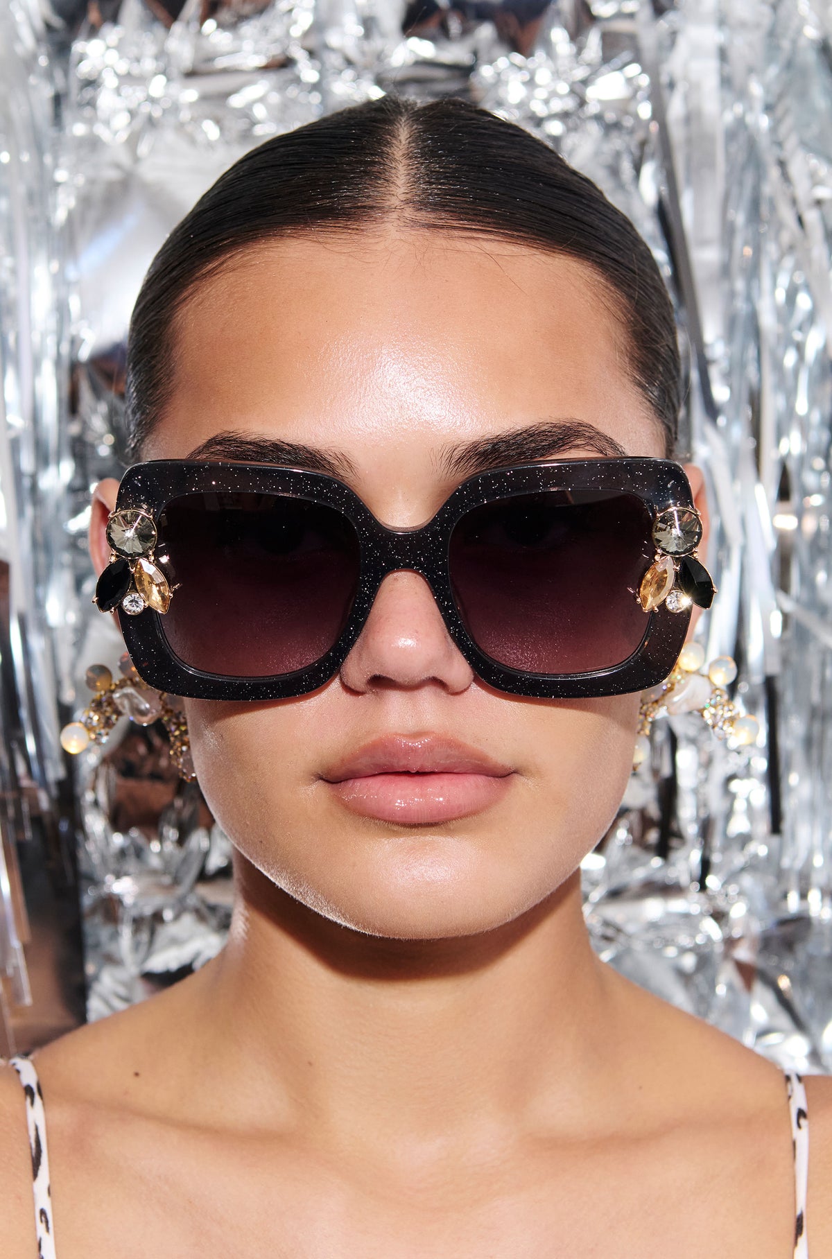 LIQUORICH ~ Oversized rounded square sunglasses in luminous black glitter acetate with crystal embellishments
