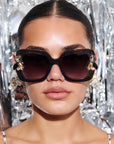 LIQUORICH ~ Oversized rounded square sunglasses in luminous black glitter acetate with crystal embellishments