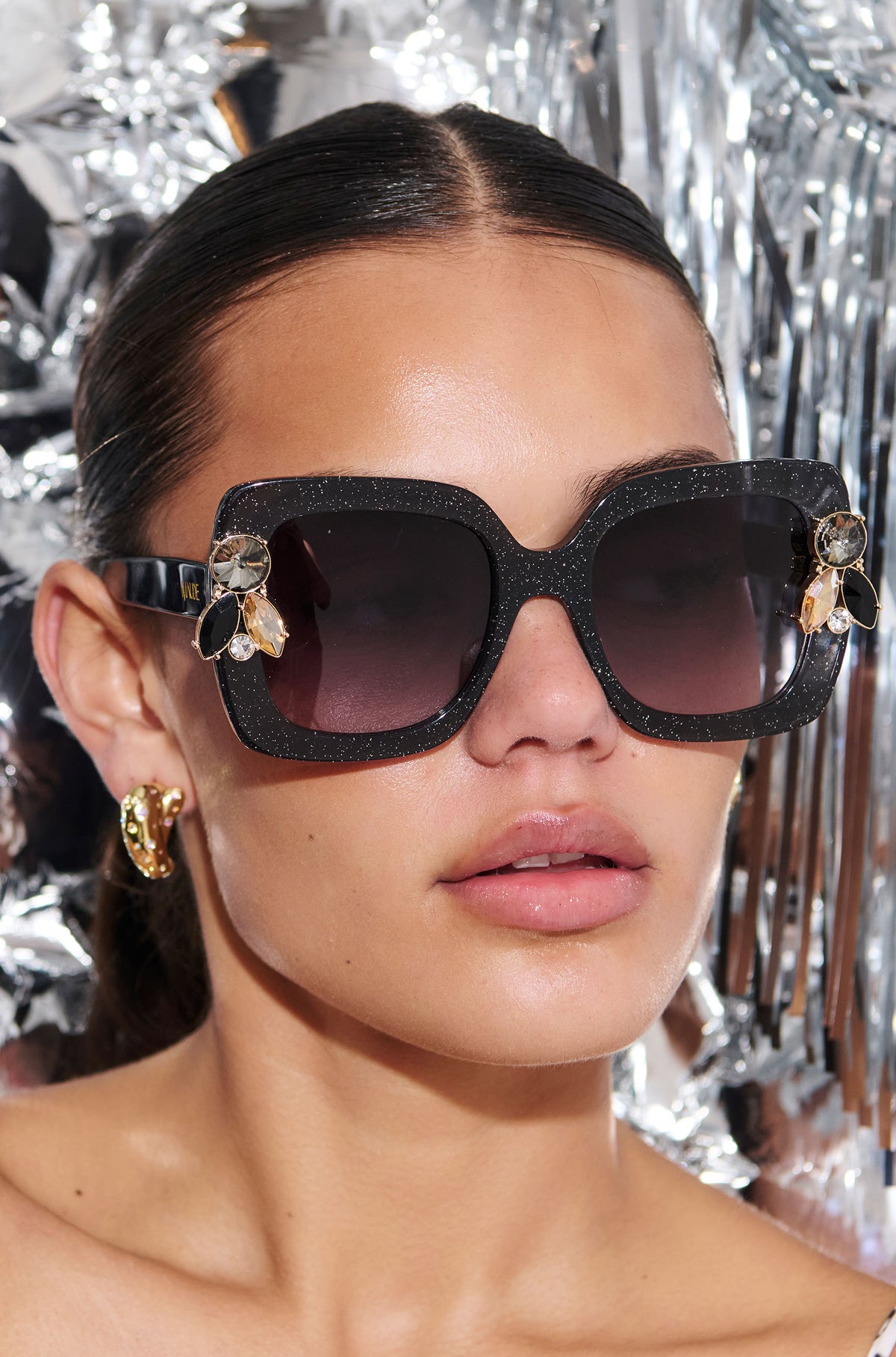 LIQUORICH ~ Oversized rounded square sunglasses in luminous black glitter acetate with crystal embellishments