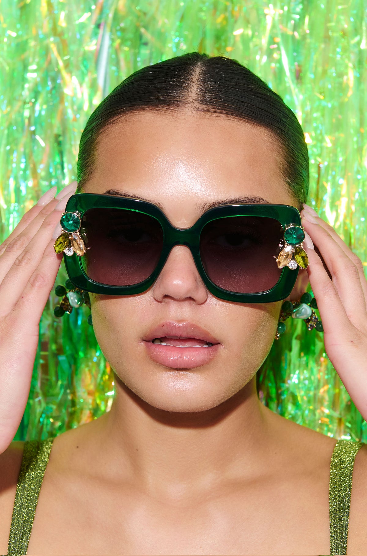 GEMERALD ~ Oversized rounded square sunglasses in a sumptuous emerald green acetate with statement crystal embellishments