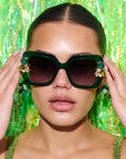 GEMERALD ~ Oversized rounded square sunglasses in a sumptuous emerald green acetate with statement crystal embellishments