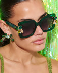 GEMERALD ~ Oversized rounded square sunglasses in a sumptuous emerald green acetate with statement crystal embellishments