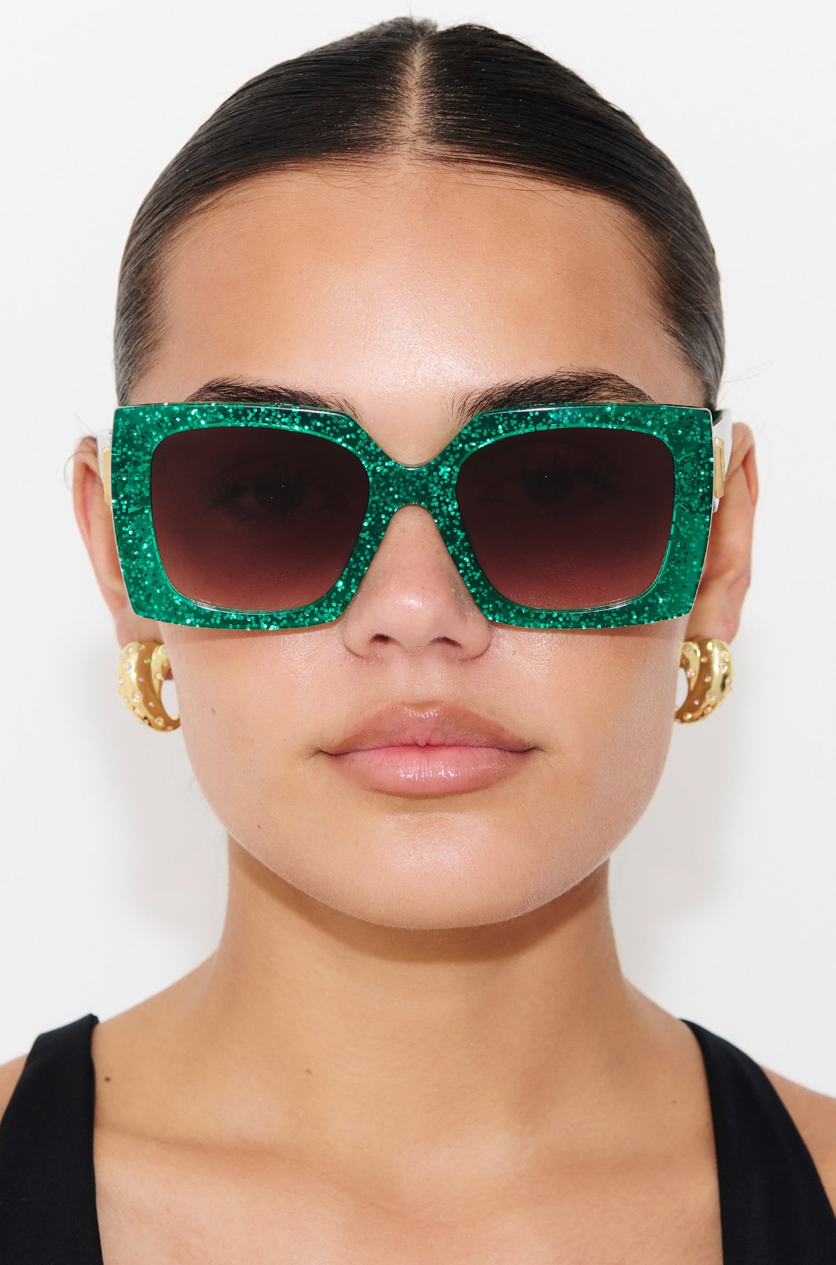 EMMARALDA ~ Square shaped sunglasses in shimmering glitter emerald green acetate