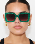 EMMARALDA ~ Square shaped sunglasses in shimmering glitter emerald green acetate
