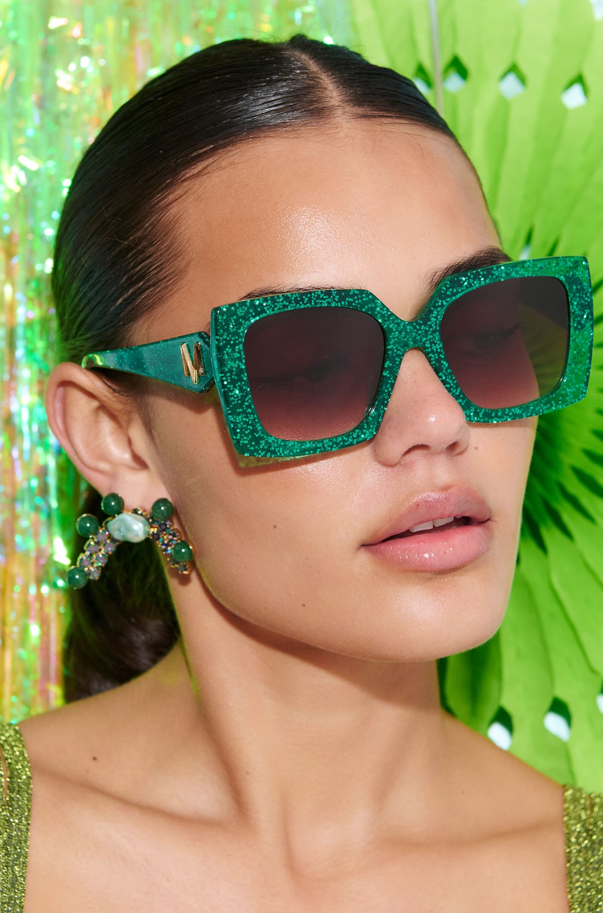 EMMARALDA ~ Square shaped sunglasses in shimmering glitter emerald green acetate