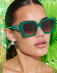 EMMARALDA ~ Square shaped sunglasses in shimmering glitter emerald green acetate