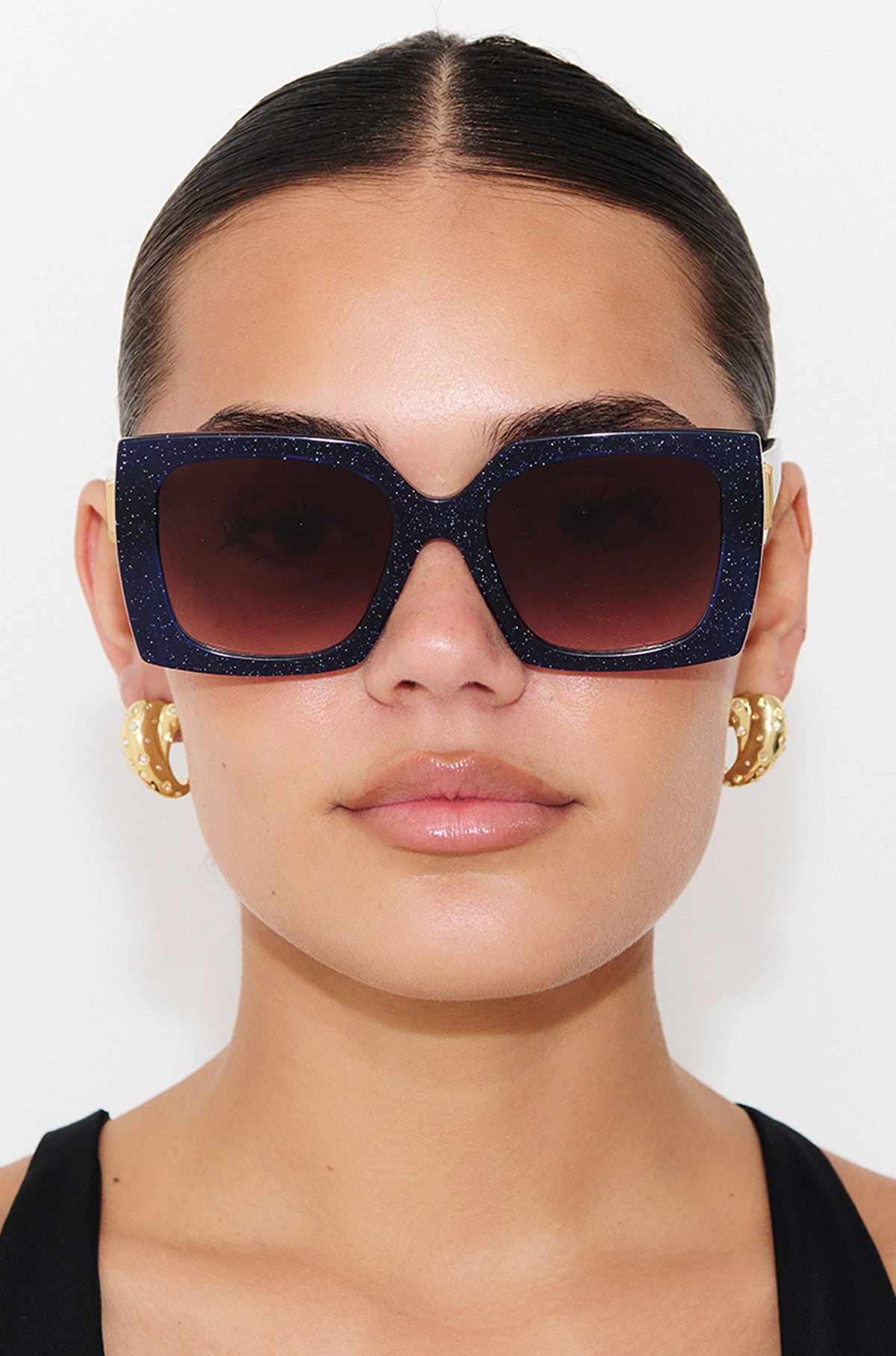 STARLETTE ~ Square shaped sunglasses in navy with shimmering silver glitter
