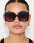STARLETTE ~ Square shaped sunglasses in navy with shimmering silver glitter