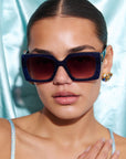 STARLETTE ~ Square shaped sunglasses in navy with shimmering silver glitter
