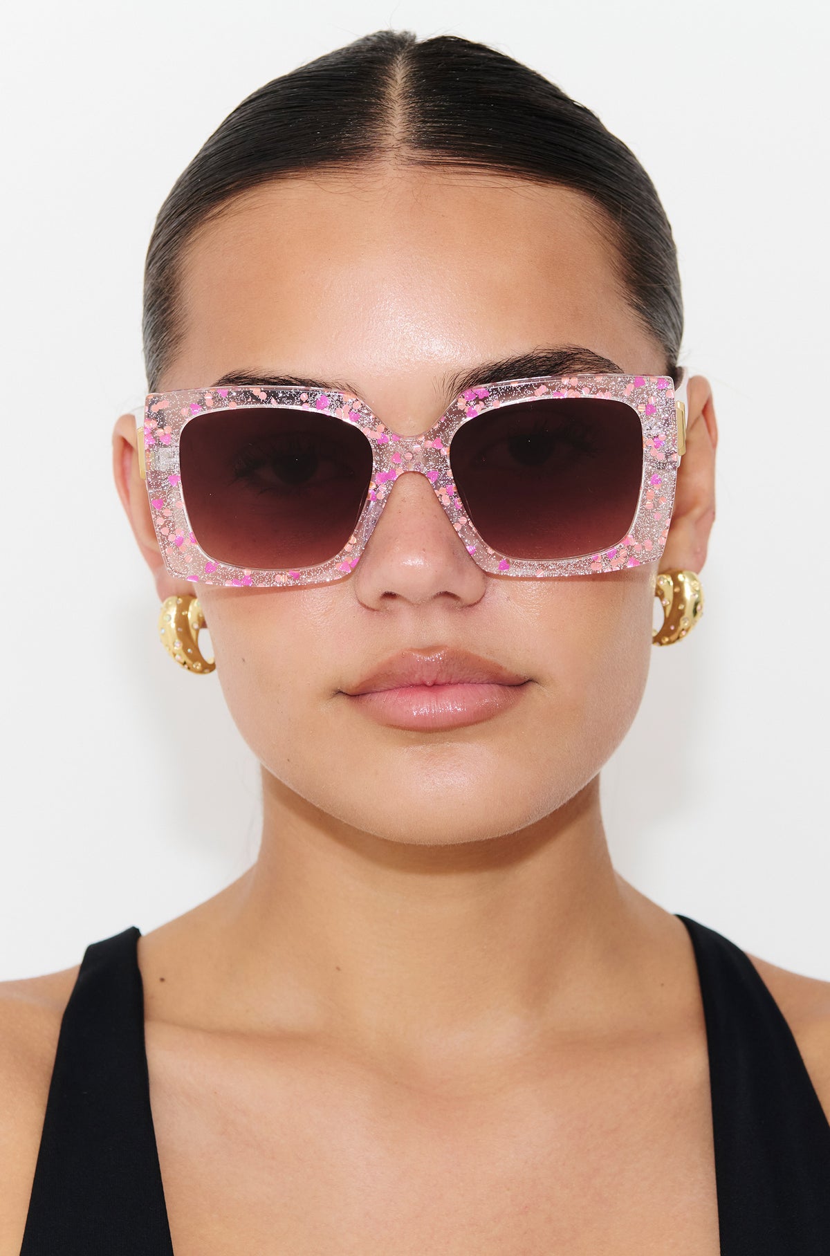 GLITTERATI ~ Square shaped sunglasses in silver glitter with a confetti of pink hearts and peach sequins