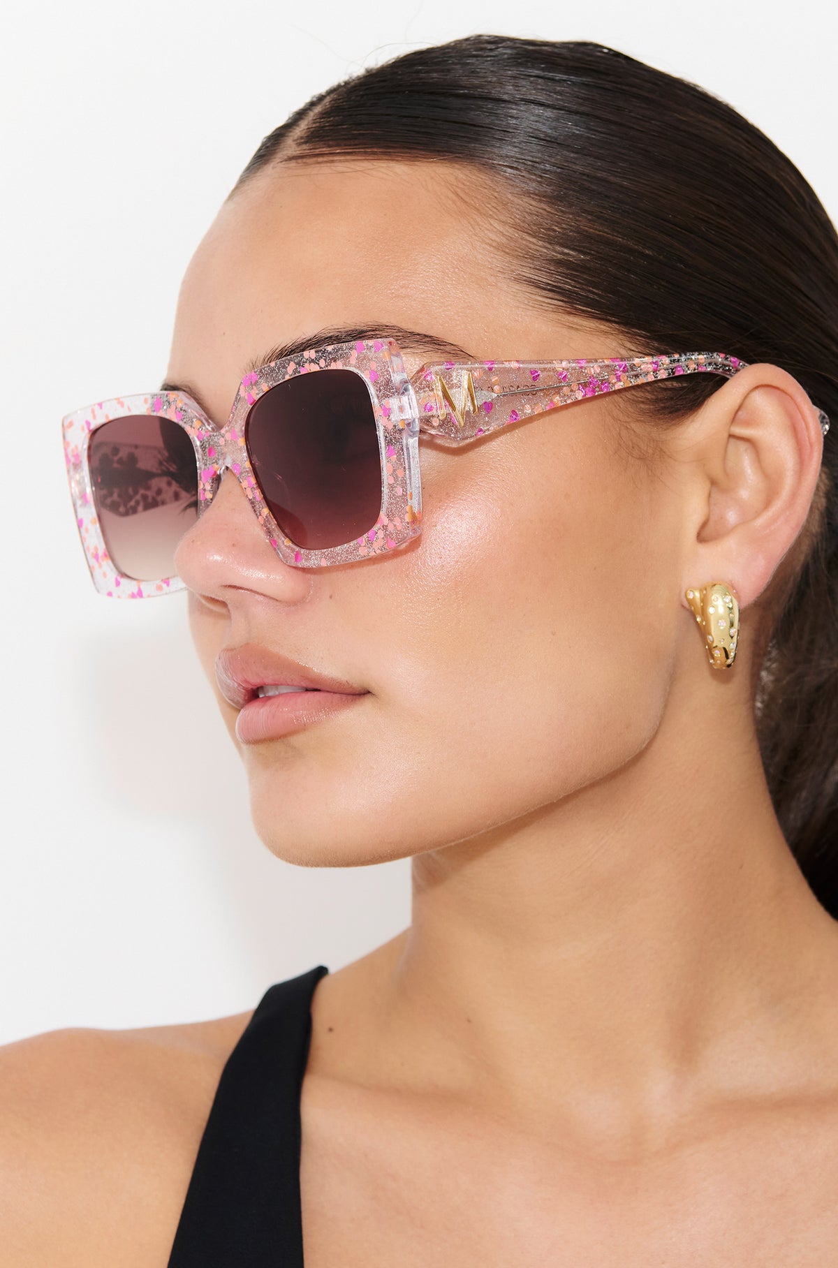 GLITTERATI ~ Square shaped sunglasses in silver glitter with a confetti of pink hearts and peach sequins