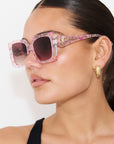 GLITTERATI ~ Square shaped sunglasses in silver glitter with a confetti of pink hearts and peach sequins
