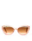 Front view of an elegant pink glittery cat eye framed sunglasses with a gold flick up top of the lenses and a brown gradient lense. Set against a white backdrop