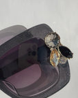 LIQUORICH ~ Oversized rounded square sunglasses in luminous black glitter acetate with crystal embellishments
