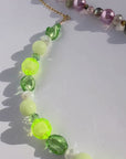 GLOWLUSH ~ Handmade necklace with faceted flouro yellow beads, sea green pearls with pale pink pearl coloured beads