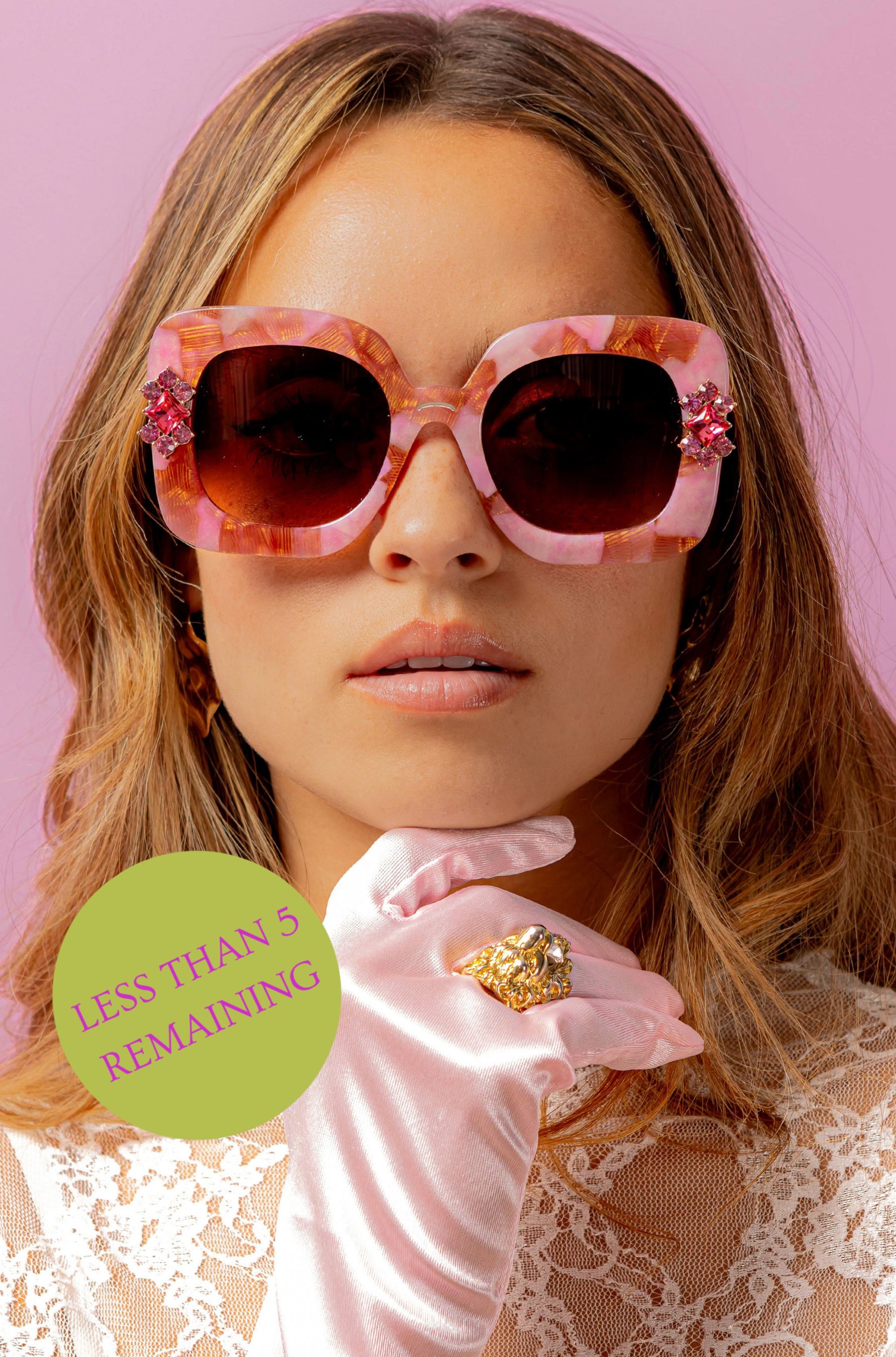 Sunrose ~ Medium sized square sunglasses in rose acetate with flecks of gold and crystal flower embellishments